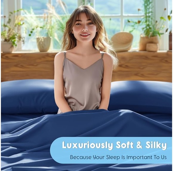 100% Egyptian Cotton Sheets Set - 1000 High Thread Count, Luxury 5-Star Hotel Sateen Bed Sheets, Soft, Breathable Long Staple Sheets, Fit up to 16" - 4 PC (Navy Blue,King)