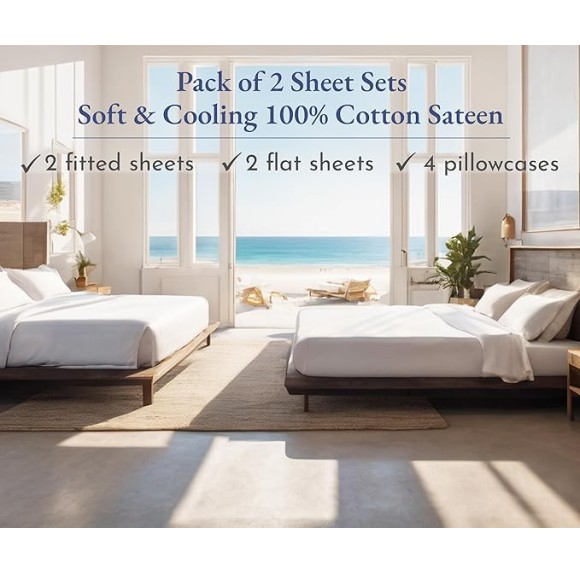 100% Cotton 2-Pack Sheets for King Size Bed, Soft & Durable King Size Deep Pocket Sheet Sets, King Sheet Set with Sateen Weave, Cooling Sheets (White)