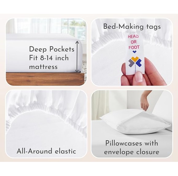 100% Cotton 2-Pack Sheets for King Size Bed, Soft & Durable King Size Deep Pocket Sheet Sets, King Sheet Set with Sateen Weave, Cooling Sheets (White)