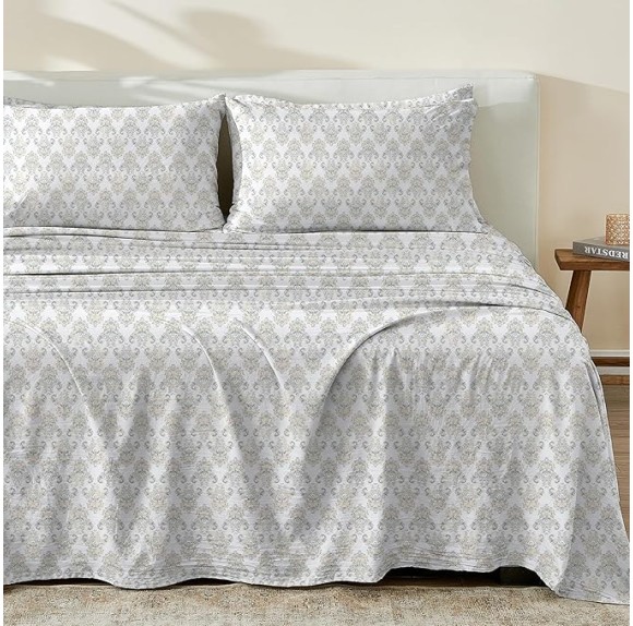 100% Cotton Percale King Bed Sheets| White Floral Printed, 4 Piece Cotton Sheet Set | Lightweight, Breathable, Crisp Bedding Sheets & Pillowcases (King, White/Tan Vintage Floral)