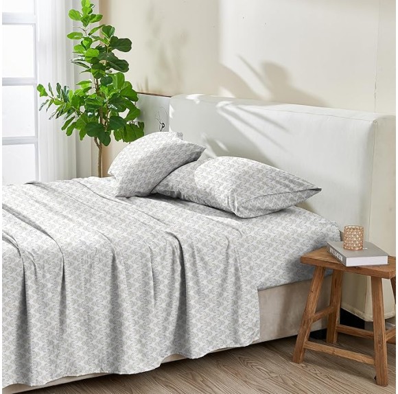 100% Cotton Percale King Bed Sheets| White Floral Printed, 4 Piece Cotton Sheet Set | Lightweight, Breathable, Crisp Bedding Sheets & Pillowcases (King, White/Tan Vintage Floral)