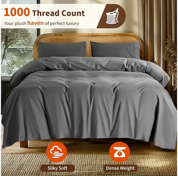 1000 Thread Count 100% Cotton Sheets Set,Queen Size Bed Sheet 4 Piece Sets,Long Staple,16 Inches Deep Pocket,All Season,Bedding Super Soft Comforterble Breathable,Sateen (Dark Grey)