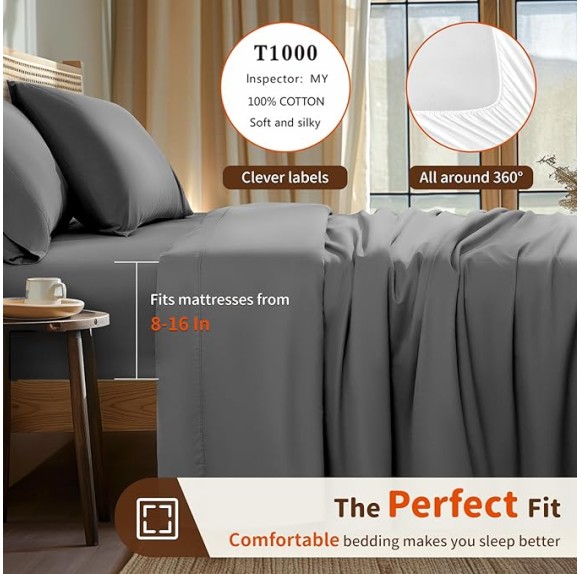 1000 Thread Count 100% Cotton Sheets Set,Queen Size Bed Sheet 4 Piece Sets,Long Staple,16 Inches Deep Pocket,All Season,Bedding Super Soft Comforterble Breathable,Sateen (Dark Grey)