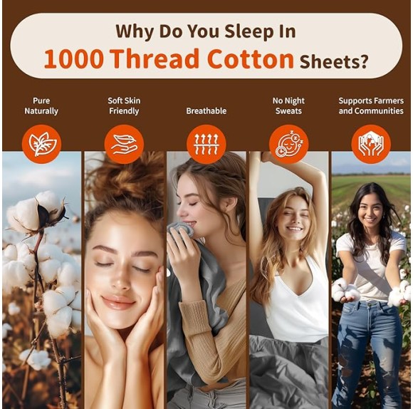 1000 Thread Count 100% Cotton Sheets Set,Queen Size Bed Sheet 4 Piece Sets,Long Staple,16 Inches Deep Pocket,All Season,Bedding Super Soft Comforterble Breathable,Sateen (Dark Grey)
