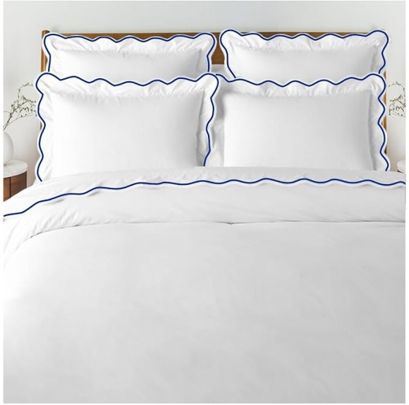 Scalloped Trim Duvet Cover & Shams 100% Cotton Sateen 400 Thread Count (Cal-KingKing, Navy Scalloped)