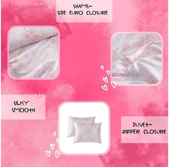 Twin Duvet Cover Set, Luxurious Satin Bedding with Matching Sham, Silky Home Decor for Hair and Skin (Butterfly Garden Pink, Twin)