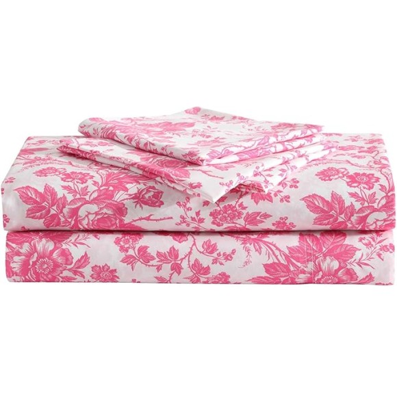 Queen Sheets, Soft & Lightweight Bedding, Fade & Wrinkle Resistant (Betseys Toile Pink, Queen)