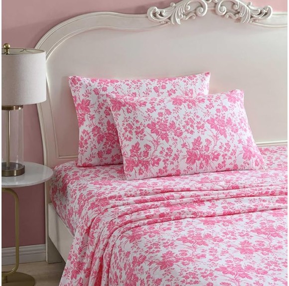 Queen Sheets, Soft & Lightweight Bedding, Fade & Wrinkle Resistant (Betseys Toile Pink, Queen)