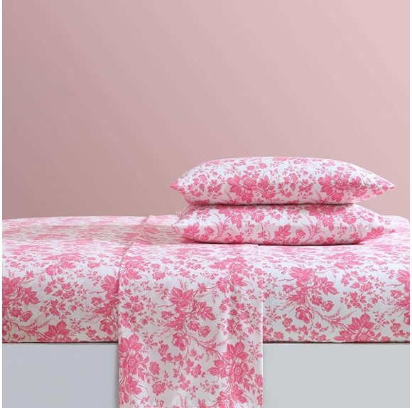 Queen Sheets, Soft & Lightweight Bedding, Fade & Wrinkle Resistant (Betseys Toile Pink, Queen)