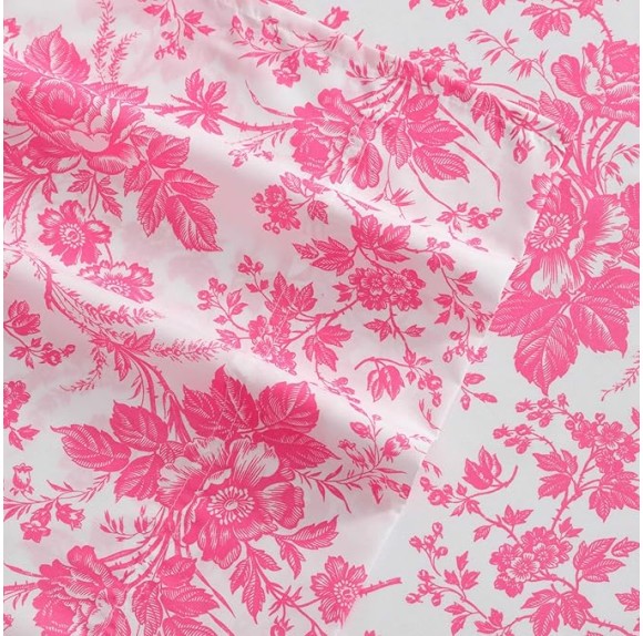 Queen Sheets, Soft & Lightweight Bedding, Fade & Wrinkle Resistant (Betseys Toile Pink, Queen)