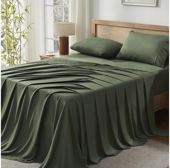 Dark Olive Green King Size Sheets Set, 100% Viscose Derived from Bamboo, Cooling King Sheets, Deep Pocket Up to 16", Silky Soft Bed Sheets, Hotel Luxury Breathable Bedding Sheets & Pillowcases