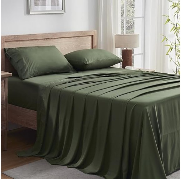 Dark Olive Green King Size Sheets Set, 100% Viscose Derived from Bamboo, Cooling King Sheets, Deep Pocket Up to 16", Silky Soft Bed Sheets, Hotel Luxury Breathable Bedding Sheets & Pillowcases