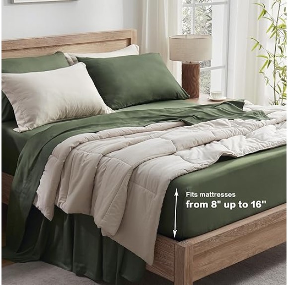 Dark Olive Green King Size Sheets Set, 100% Viscose Derived from Bamboo, Cooling King Sheets, Deep Pocket Up to 16", Silky Soft Bed Sheets, Hotel Luxury Breathable Bedding Sheets & Pillowcases
