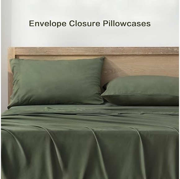Dark Olive Green King Size Sheets Set, 100% Viscose Derived from Bamboo, Cooling King Sheets, Deep Pocket Up to 16", Silky Soft Bed Sheets, Hotel Luxury Breathable Bedding Sheets & Pillowcases