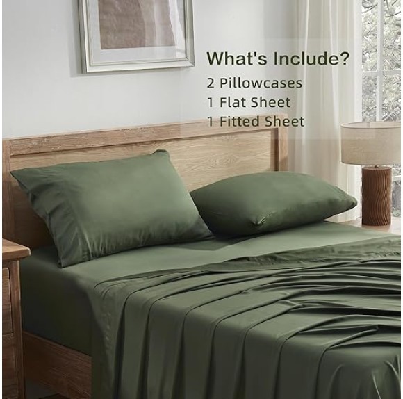 Dark Olive Green King Size Sheets Set, 100% Viscose Derived from Bamboo, Cooling King Sheets, Deep Pocket Up to 16", Silky Soft Bed Sheets, Hotel Luxury Breathable Bedding Sheets & Pillowcases