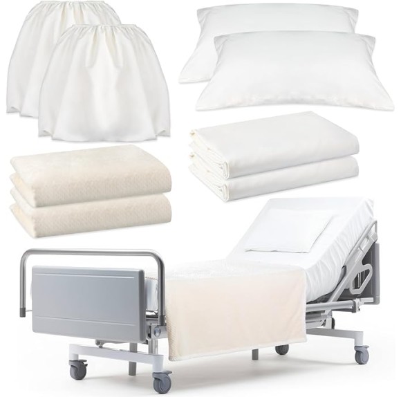 8 Pcs Hospital Bed Sheets Set, Soft Knitted Standard Sheets Quality, Include Fitted Sheet, Quilt Cover, Pillow Case and Blanket (White)