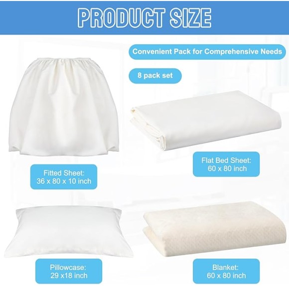 8 Pcs Hospital Bed Sheets Set, Soft Knitted Standard Sheets Quality, Include Fitted Sheet, Quilt Cover, Pillow Case and Blanket (White)