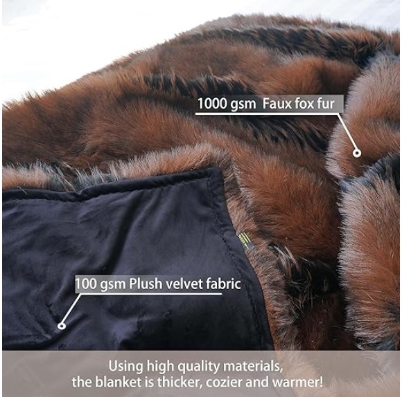 Fox Faux Fur Blanket Luxury Fur Throw Blanket Sofa Fluffy Blanket Super Warm Elegant Cozy Fuzzy Throw Blankets for Couch,Armchair and Bed Washable Plush Blankets 50"x60" Brown Throw Blanket
