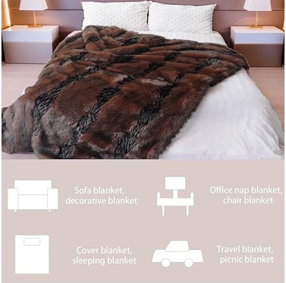 Fox Faux Fur Blanket Luxury Fur Throw Blanket Sofa Fluffy Blanket Super Warm Elegant Cozy Fuzzy Throw Blankets for Couch,Armchair and Bed Washable Plush Blankets 50"x60" Brown Throw Blanket
