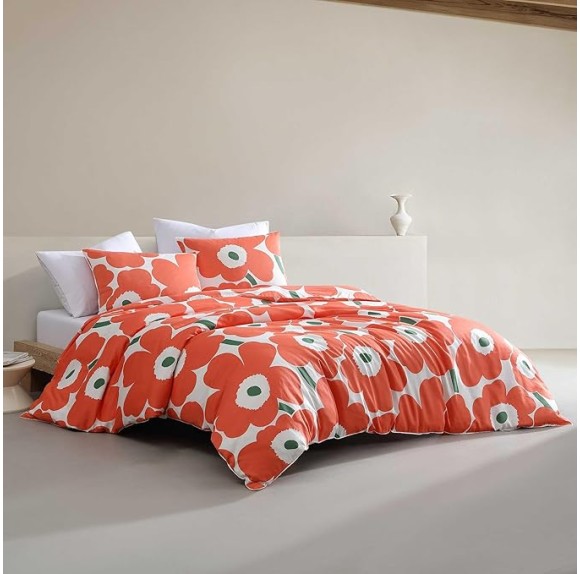 - Duvet Cover Set, Super Soft Organic Bedding, Casual Home Decor (Unikko Orange, Queen)