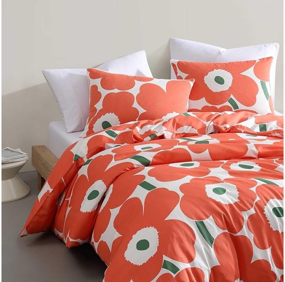 - Duvet Cover Set, Super Soft Organic Bedding, Casual Home Decor (Unikko Orange, Queen)