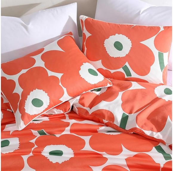 - Duvet Cover Set, Super Soft Organic Bedding, Casual Home Decor (Unikko Orange, Queen)