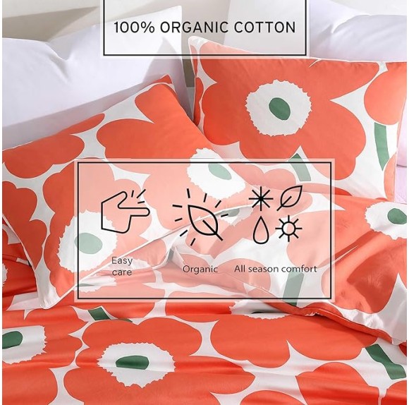 - Duvet Cover Set, Super Soft Organic Bedding, Casual Home Decor (Unikko Orange, Queen)