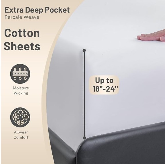 Extra Deep Pocket Cotton Sheets King Size, Fits 18"-24" in Deep Mattress, 100% Egyptian Cotton 800 Thread Count, Hotel Style Percale Sheet - White
