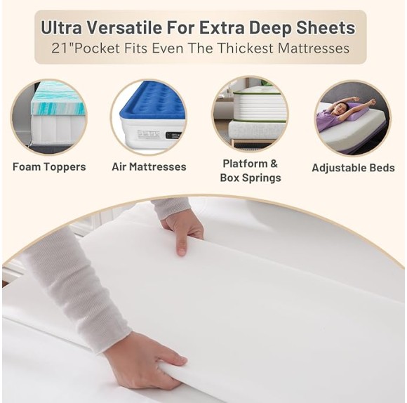 Extra Deep Pocket Cotton Sheets King Size, Fits 18"-24" in Deep Mattress, 100% Egyptian Cotton 800 Thread Count, Hotel Style Percale Sheet - White