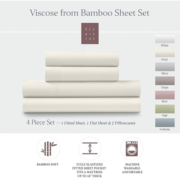 Luxury 100% Viscose Bamboo Bed Sheet Set (4pc), Eco-Friendly & Cooling Bed Sheets, Sustainable Viscose Bamboo Sheets Full Size, Full Viscose Bamboo Sheets, Ivory - Full Size