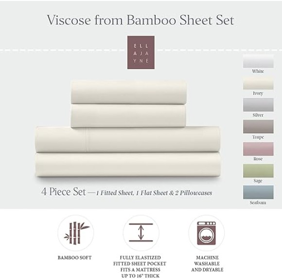 Luxury 100% Viscose Bamboo Bed Sheet Set (4pc), Eco-Friendly & Cooling Bed Sheets, Sustainable Viscose Bamboo Sheets King & Queen Size, Queen Viscose Bamboo Sheets, Ivory - Queen Size