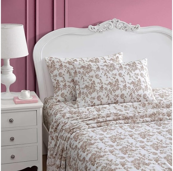 Twin Sheet Set, Soft & Lightweight Bedding, Fade & Wrinkle Resistant (Garden Toile Brown, Twin)