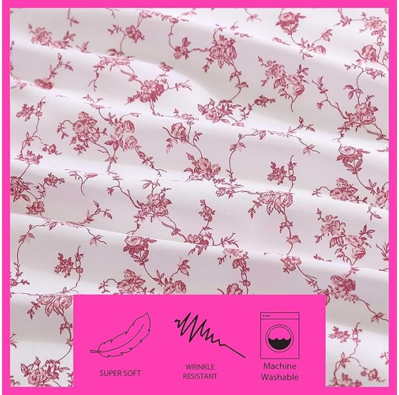 Twin Sheet Set, Soft & Lightweight Bedding, Fade & Wrinkle Resistant (Floral Toile Pink, Twin)