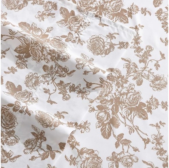 Queen Sheet Set, Soft & Lightweight Bedding, Fade & Wrinkle Resistant (Garden Toile Brown, Queen)