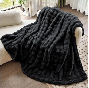 Faux Fur Black Throw Blacket for Couch - Super Soft Heavy Flufyy Thick Bubble Throw Blankets for Bed Bedroom Living Room Farmhouse Sofa Chair Fall Winter Warm, 90x108 Inch