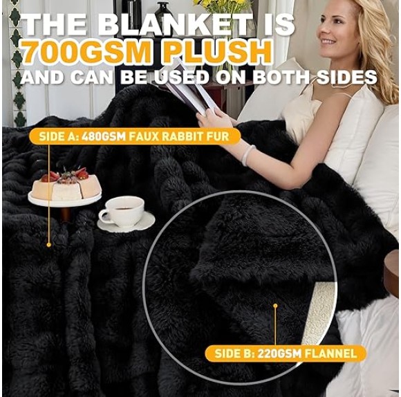 Faux Fur Black Throw Blacket for Couch - Super Soft Heavy Flufyy Thick Bubble Throw Blankets for Bed Bedroom Living Room Farmhouse Sofa Chair Fall Winter Warm, 90x108 Inch