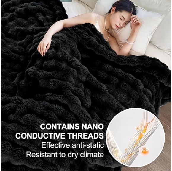 Faux Fur Black Throw Blacket for Couch - Super Soft Heavy Flufyy Thick Bubble Throw Blankets for Bed Bedroom Living Room Farmhouse Sofa Chair Fall Winter Warm, 90x108 Inch