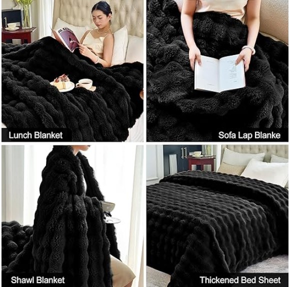 Faux Fur Black Throw Blacket for Couch - Super Soft Heavy Flufyy Thick Bubble Throw Blankets for Bed Bedroom Living Room Farmhouse Sofa Chair Fall Winter Warm, 90x108 Inch