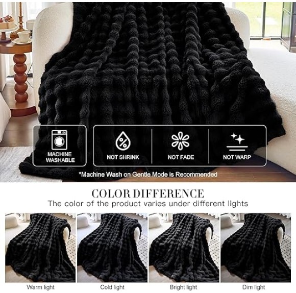 Faux Fur Black Throw Blacket for Couch - Super Soft Heavy Flufyy Thick Bubble Throw Blankets for Bed Bedroom Living Room Farmhouse Sofa Chair Fall Winter Warm, 90x108 Inch