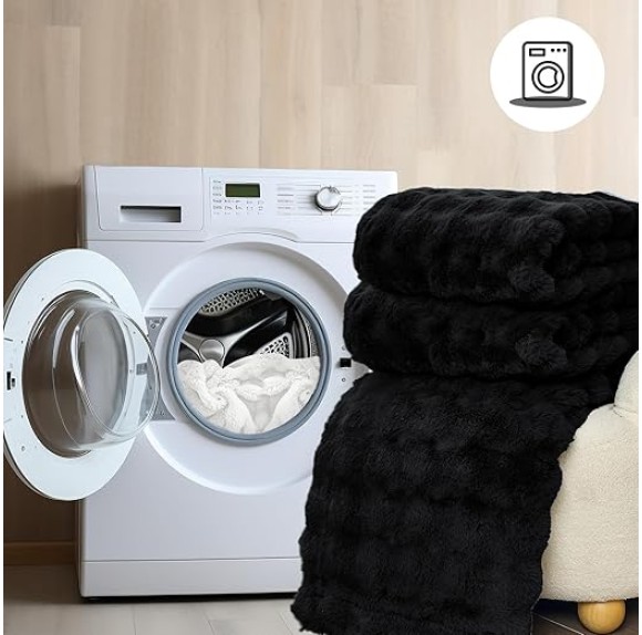 Faux Fur Black Throw Blacket for Couch - Super Soft Heavy Flufyy Thick Bubble Throw Blankets for Bed Bedroom Living Room Farmhouse Sofa Chair Fall Winter Warm, 90x108 Inch