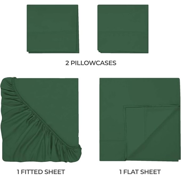 Egyptian Cotton 400 Thread Count Bed Sheet Set, 1 Elastic Deep Pocket Fitted Sheet, 1 Flat Sheet, 1 Pillowcase, Soft Bedding, Luxury Sheets, Sateen Weave, Twin XL Size, Hunter Green