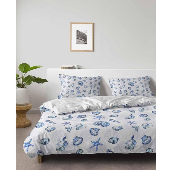 Cal KingDuvet Covers Set Coastal Beach Starfish Shells Seamless 4 Pcs Bedding Sets Brushed Microfiber Quilt Covers Lightweight Cozy Flat Sheet with 2 Pillowcases l Conch Blue Gradient