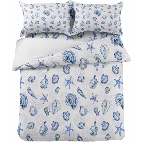 Cal KingDuvet Covers Set Coastal Beach Starfish Shells Seamless 4 Pcs Bedding Sets Brushed Microfiber Quilt Covers Lightweight Cozy Flat Sheet with 2 Pillowcases l Conch Blue Gradient
