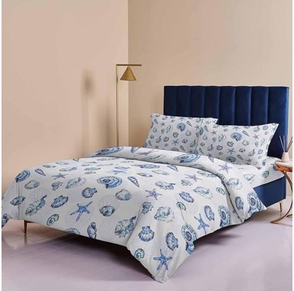 Cal KingDuvet Covers Set Coastal Beach Starfish Shells Seamless 4 Pcs Bedding Sets Brushed Microfiber Quilt Covers Lightweight Cozy Flat Sheet with 2 Pillowcases l Conch Blue Gradient