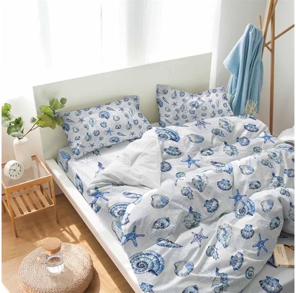 Cal KingDuvet Covers Set Coastal Beach Starfish Shells Seamless 4 Pcs Bedding Sets Brushed Microfiber Quilt Covers Lightweight Cozy Flat Sheet with 2 Pillowcases l Conch Blue Gradient
