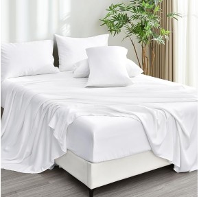 6PCS 100% Rayon Derived from Bamboo_ Sheets Set Queen Size, Cooling Sheets for Hot Sleepers, Wider Elastic Band & 16" Deep Pocket, Luxury Silky Soft Breathable Bedding Set & Pillowcase, White