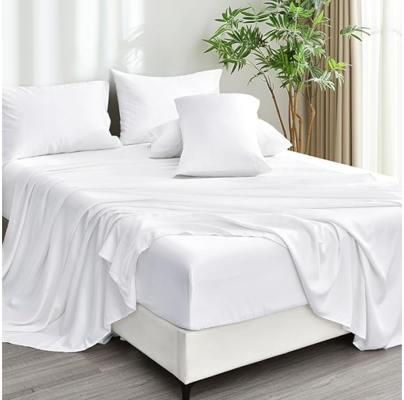 6PCS 100% Rayon Derived from Bamboo_ Sheets Set Queen Size, Cooling Sheets for Hot Sleepers, Wider Elastic Band & 16" Deep Pocket, Luxury Silky Soft Breathable Bedding Set & Pillowcase, White