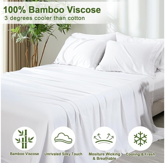 6PCS 100% Rayon Derived from Bamboo_ Sheets Set Queen Size, Cooling Sheets for Hot Sleepers, Wider Elastic Band & 16" Deep Pocket, Luxury Silky Soft Breathable Bedding Set & Pillowcase, White
