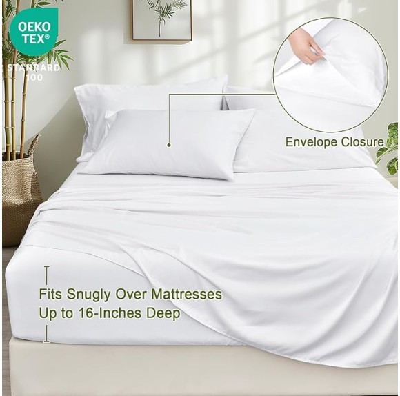 6PCS 100% Rayon Derived from Bamboo_ Sheets Set Queen Size, Cooling Sheets for Hot Sleepers, Wider Elastic Band & 16" Deep Pocket, Luxury Silky Soft Breathable Bedding Set & Pillowcase, White