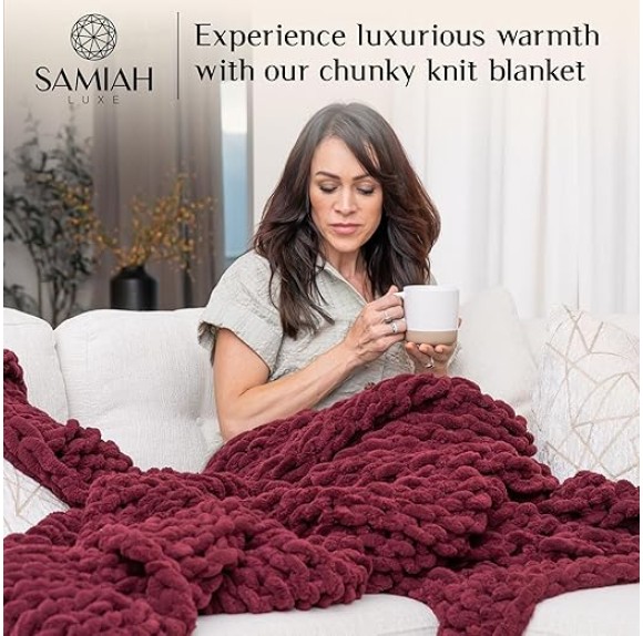 Chunky Knit Blanket Throw 50x60, Red Wine Chunky Knit Throw Blanket for Couch, Large Chunky Knitted Throw Blanket, Chenille Throw Blanket, Knit Throw Blanket for Bed, Knit Chunky Blanket